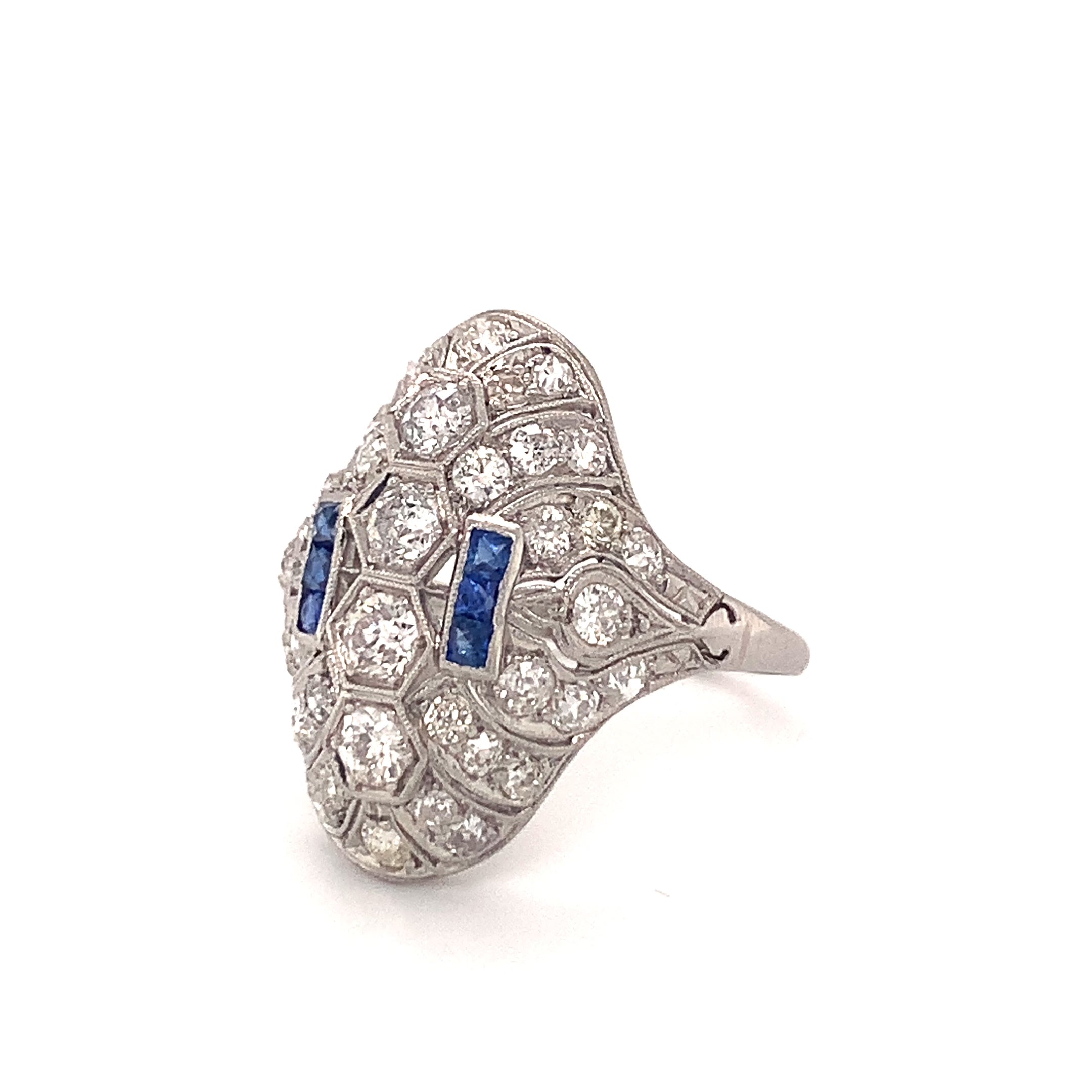 Art Deco Diamond and Sapphire Platinum Filigree Ring, circa 1920s