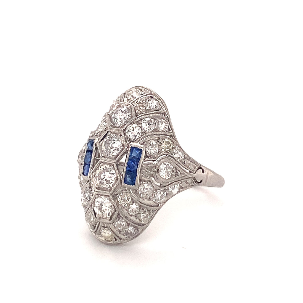 Art Deco Diamond and Sapphire Platinum Filigree Ring, circa 1920s