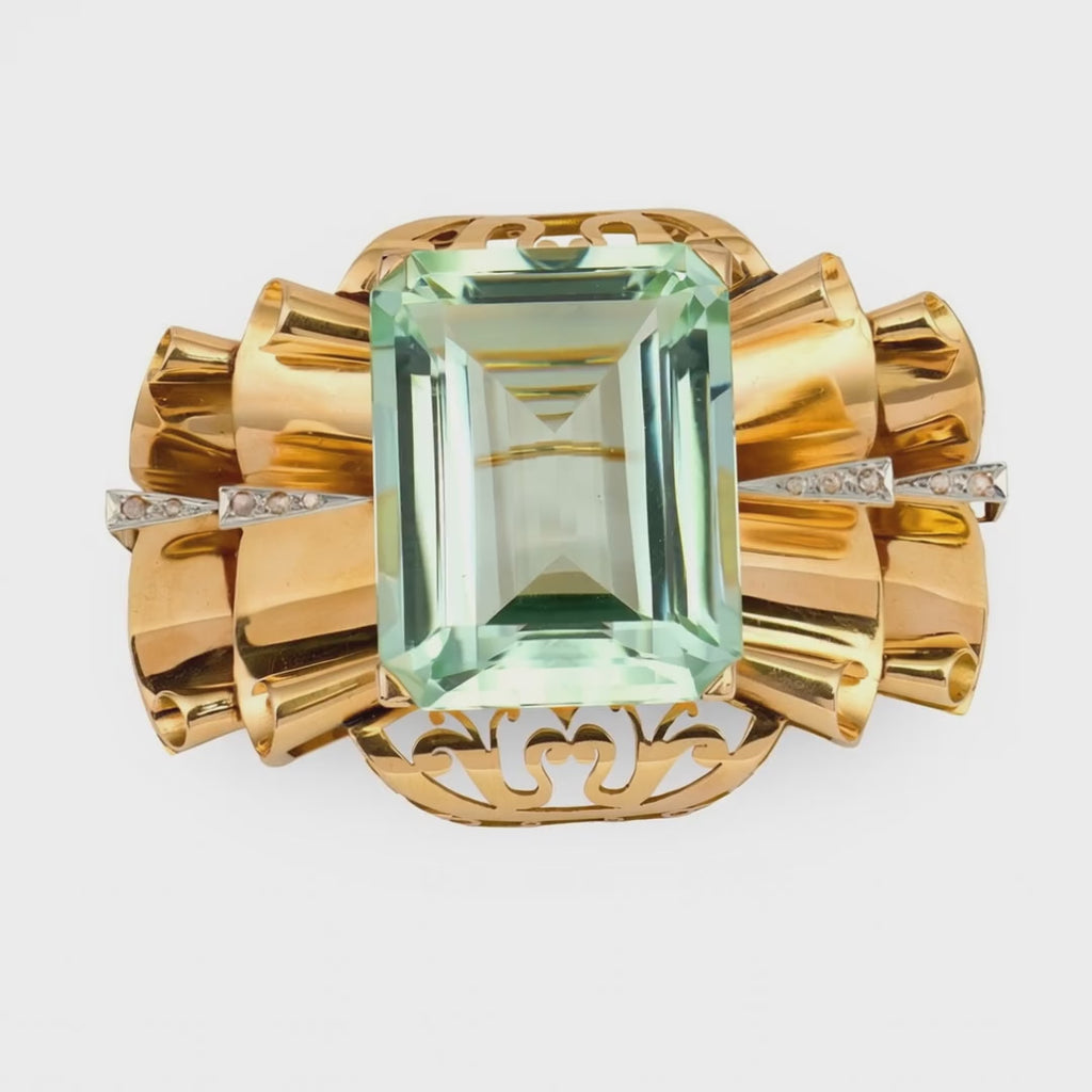 Video of the retro green beryl and diamond 14K rose gold brooch