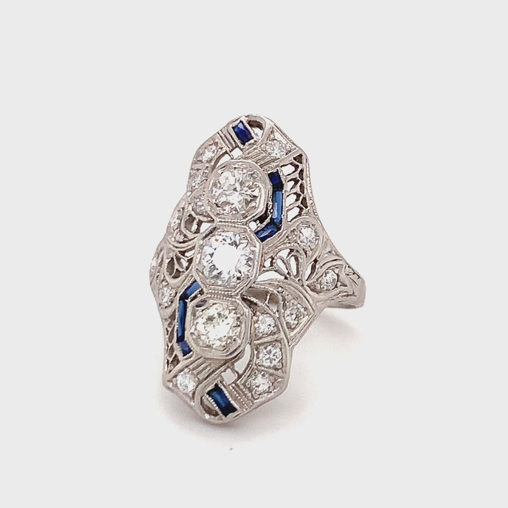 Art Deco Diamond Platinum Filigree Ring, Synthetic Sapphire Accents, Circa 1920s