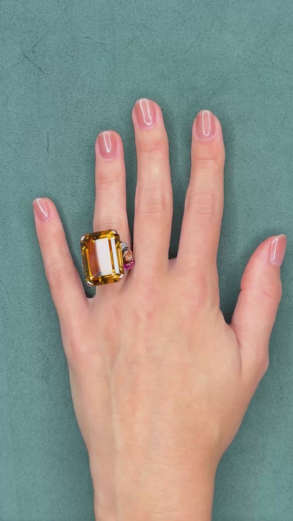 Retro 78.0ct Citrine Cocktail Ring with 0.25ct Ruby and Diamonds in 14K Gold, Circa 1940s