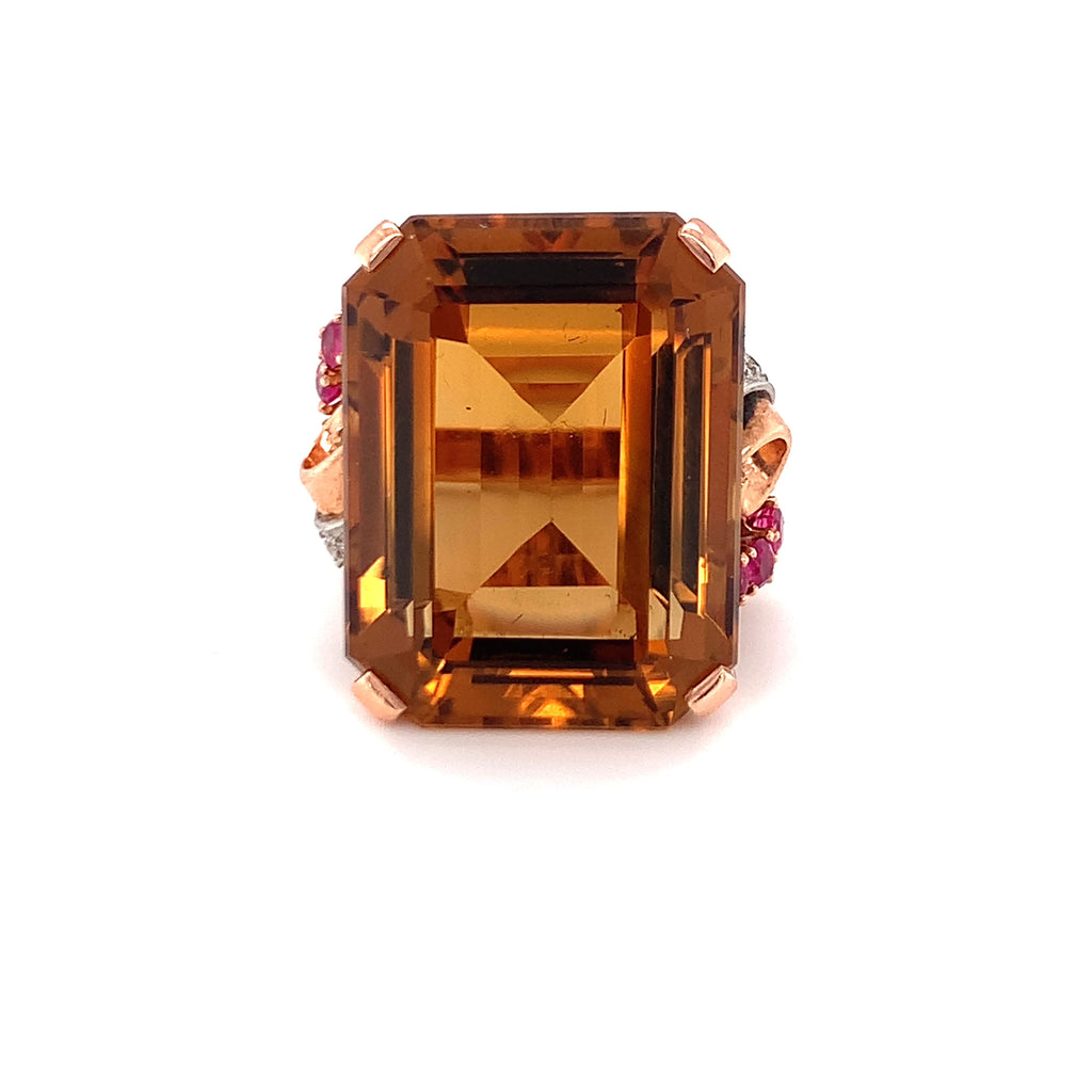 Retro Citrine, Ruby and Diamond 18K Rose Gold Ring, Circa 1940s