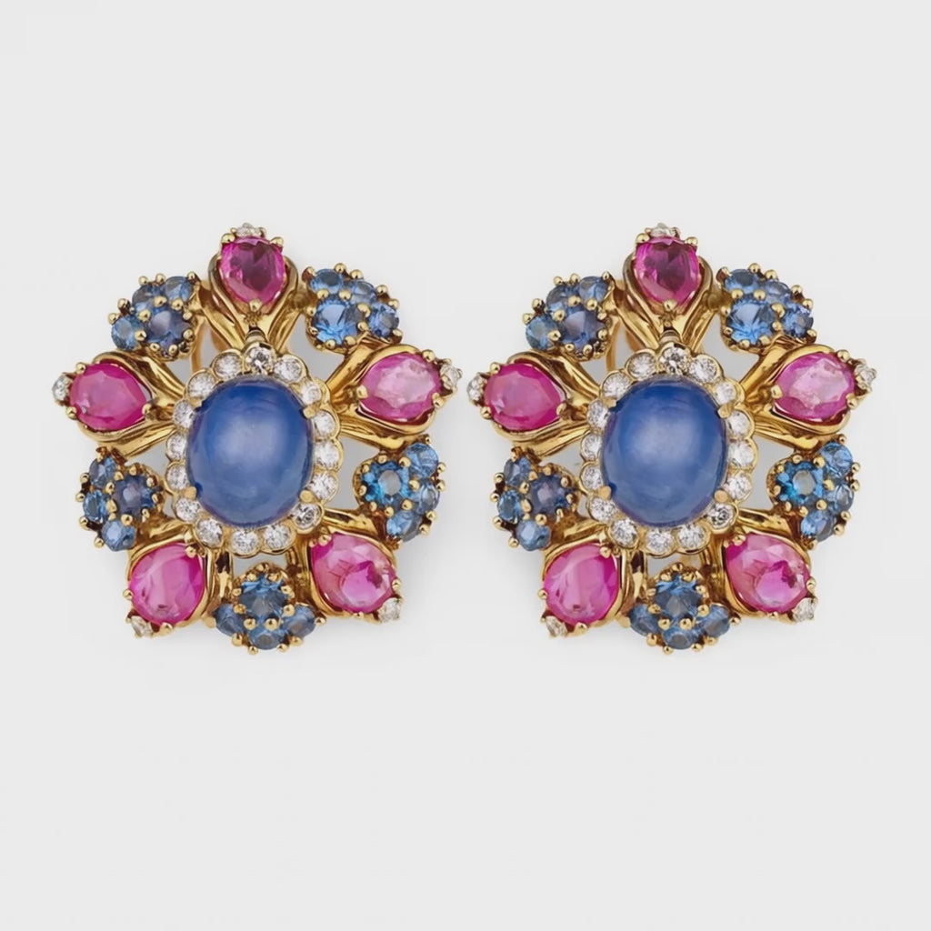 Multi-Gem Set 18K Gold Earrings, Circa 1960s