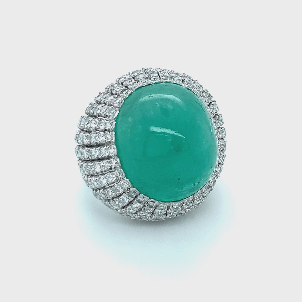 Mid-Century Cabochon Emerald and Diamond Bombé Ring in 14K White Gold, Circa 195