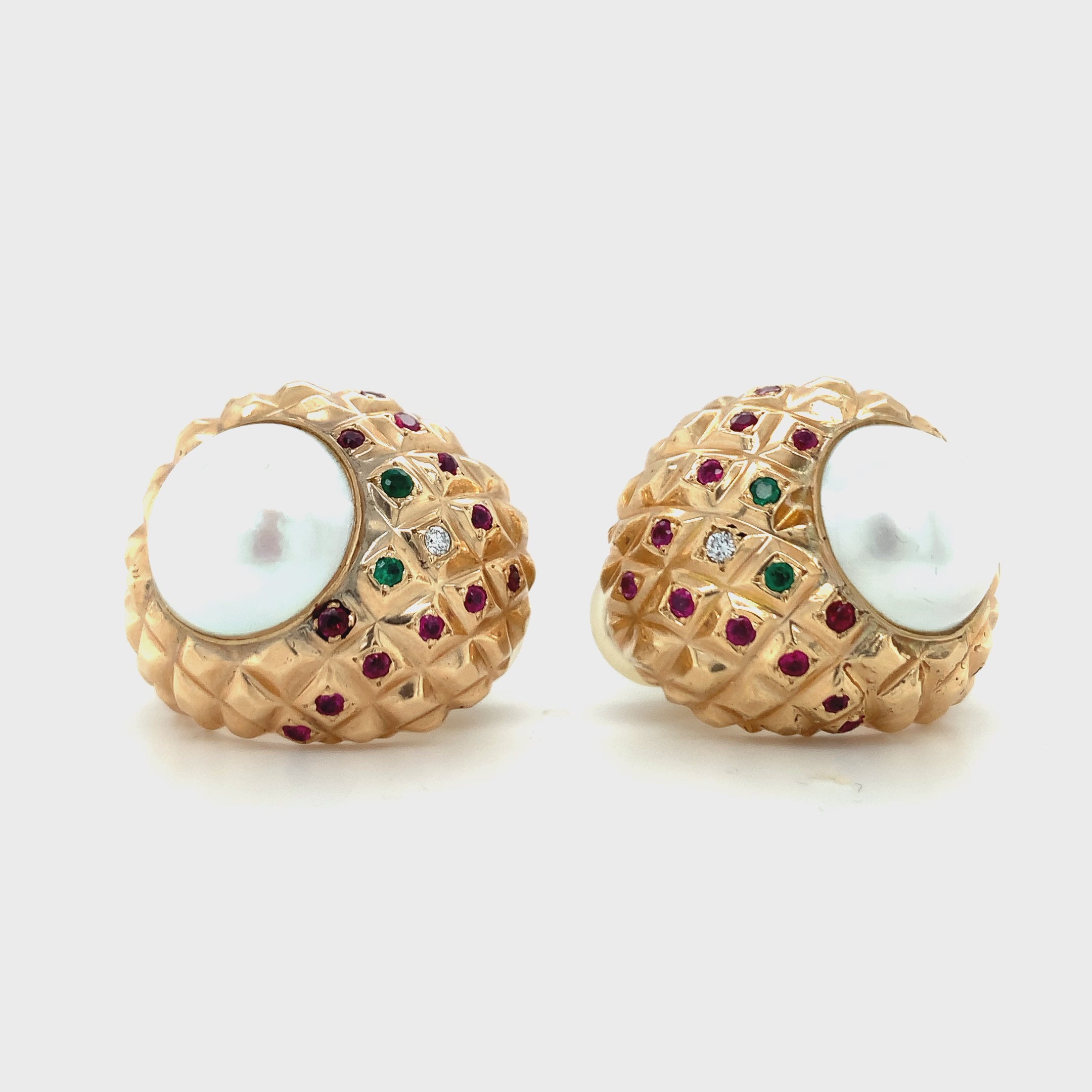 Pearl, Ruby, and Emerald 18K Yellow Gold Earrings, Circa 1970s