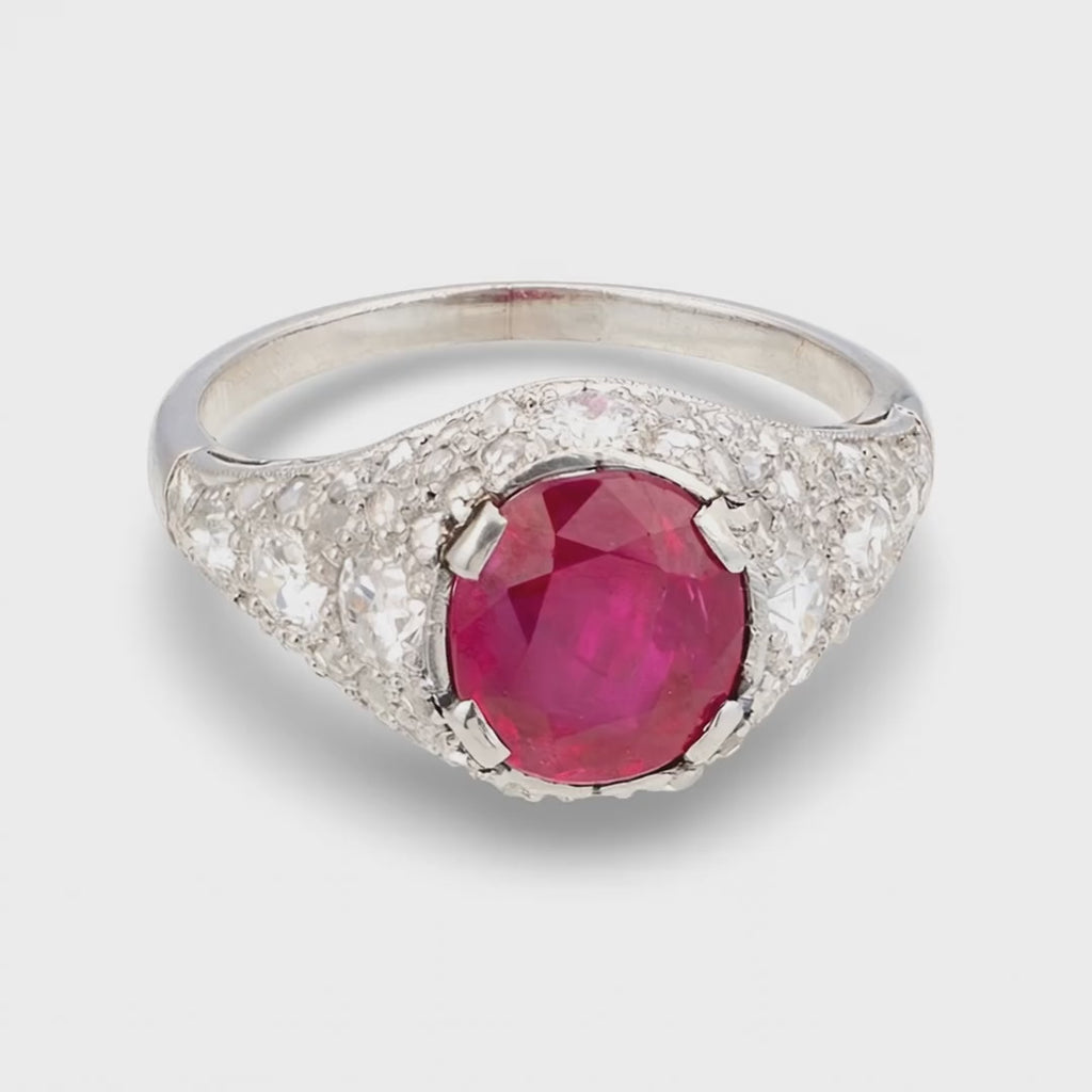 Art Deco Unheated Burmese 2.07ct Ruby and 0.65ct Diamond Platinum Ring, AGL, Circa 1920s