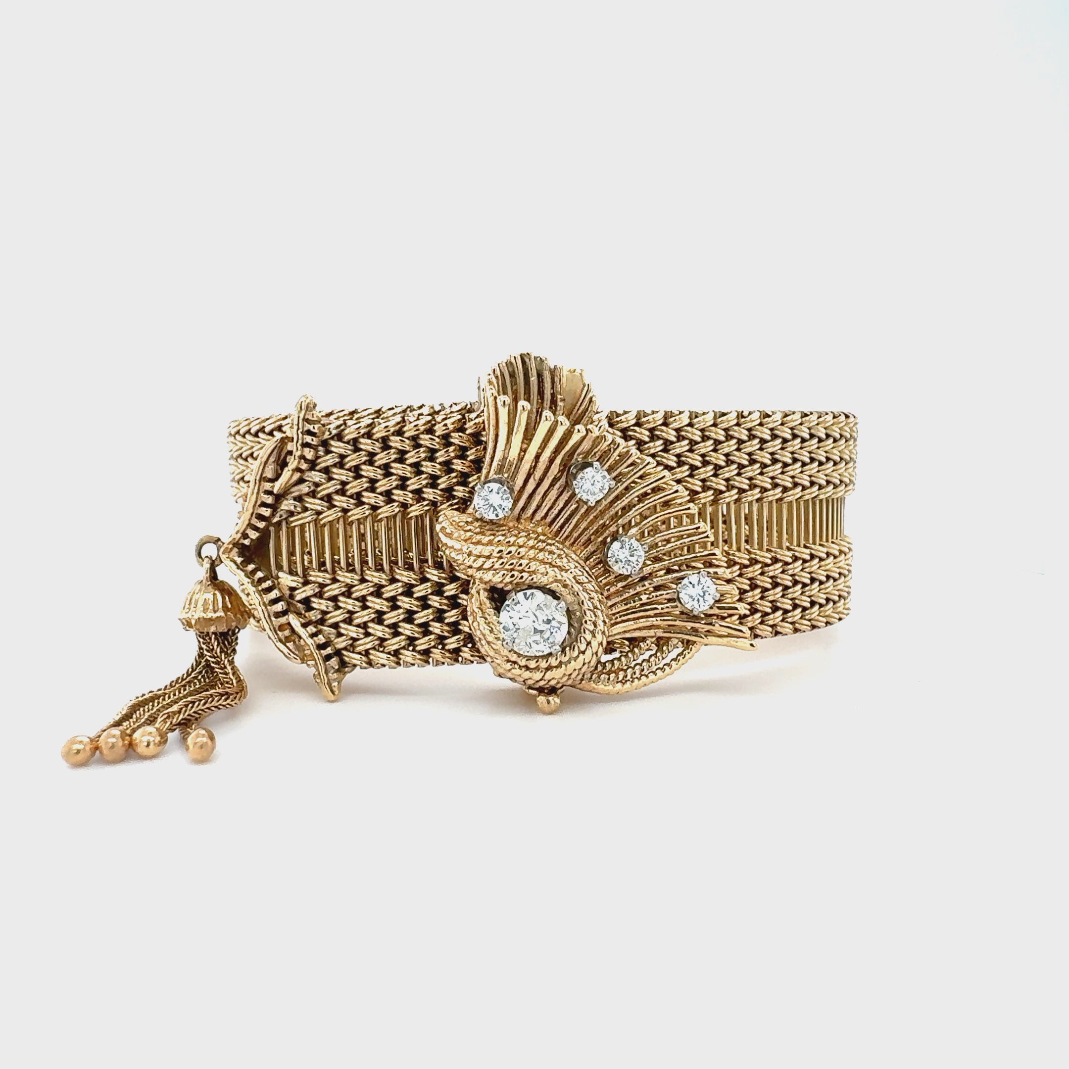 Woven Mesh Buckle Bracelet with Diamonds in 14K Gold, circa 1960s