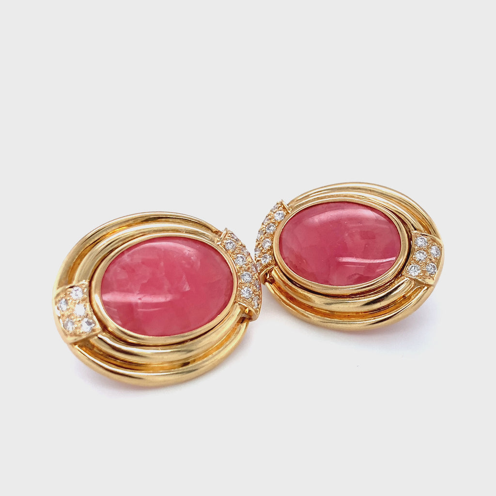 Rhodochrosite & Diamond 18K Gold Earrings, 40ct, Circa 1960s