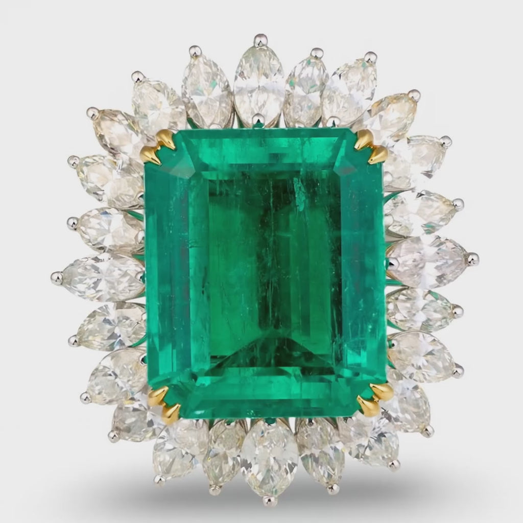 Emerald and Diamond Ring in Platinum and 18K Gold, GIA-Certified 19.34ct Colombi