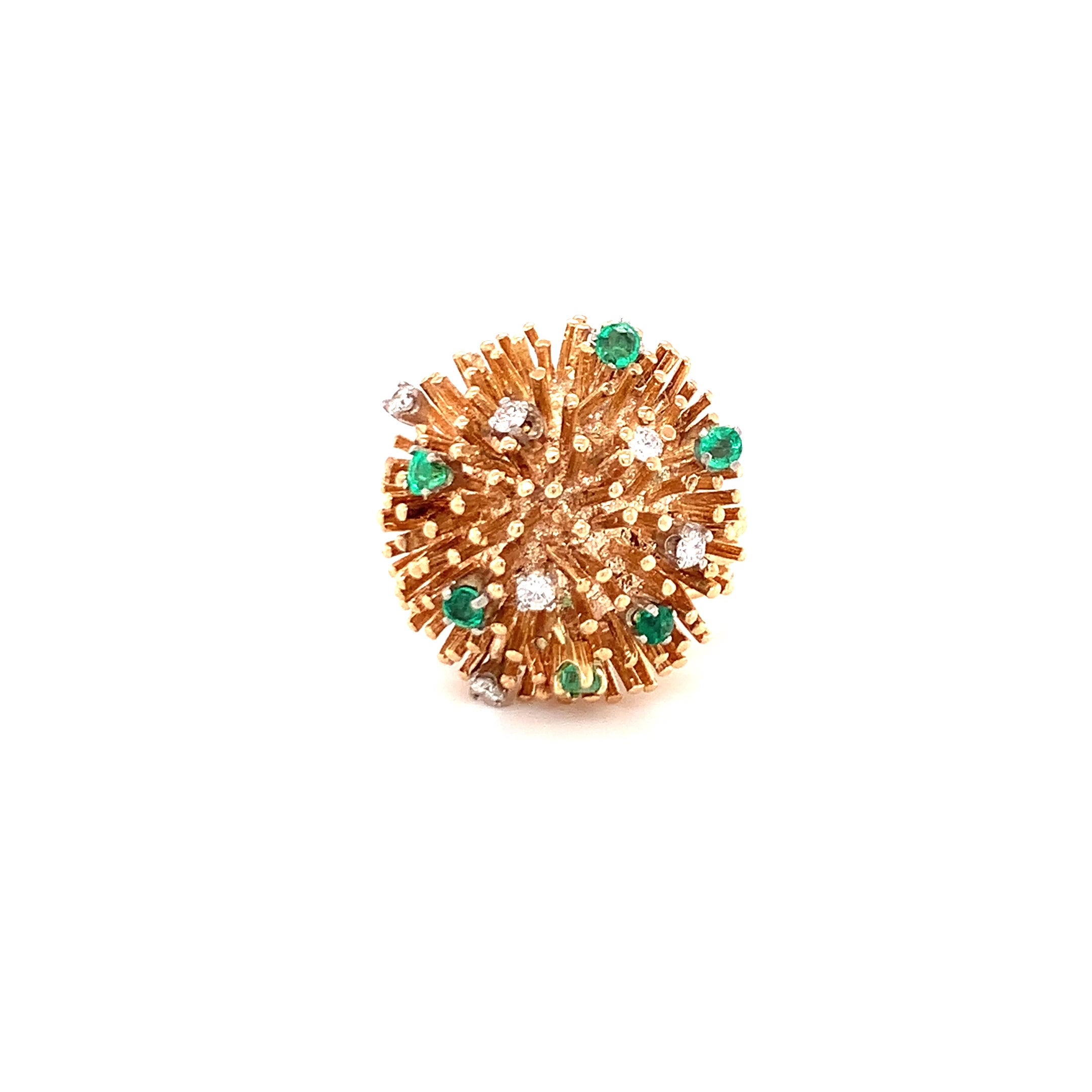 Diamond and Emerald Starburst Ring, 14K Gold, Circa 1970s