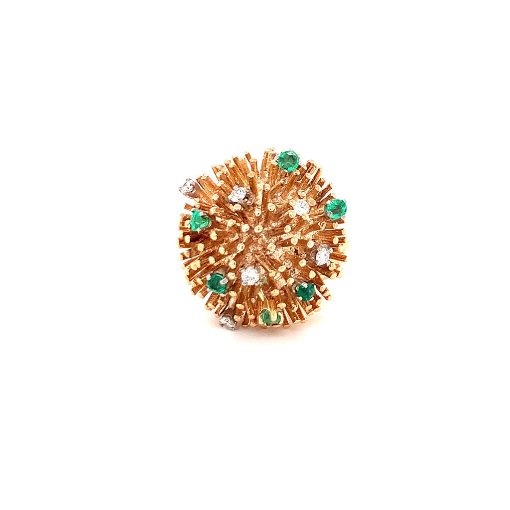 Diamond and Emerald Starburst Ring, 14K Gold, Circa 1970s