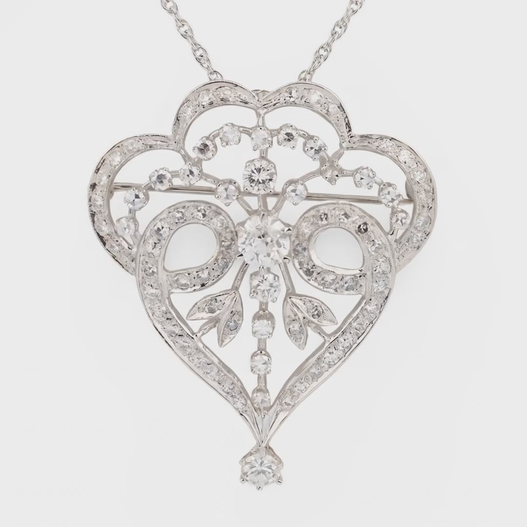 Edwardian 2.5ct Diamond Heart Pendant/Brooch, 14K White and Yellow Gold, Circa 1910