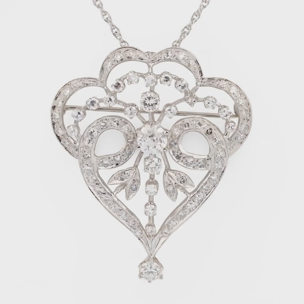 Edwardian 2.5ct Diamond Heart Pendant/Brooch, 14K White and Yellow Gold, Circa 1910