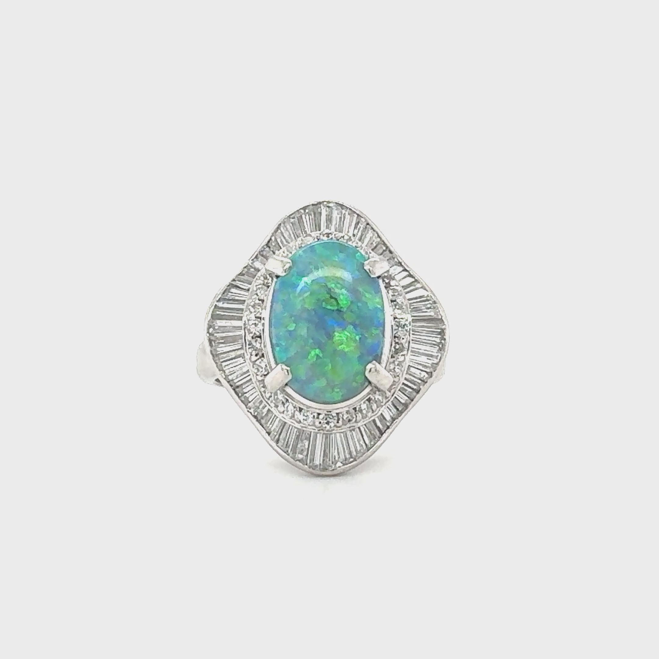 Mid-Century Platinum Black Opal and Diamond Ballerina Ring, 2.55 ct, Circa 1950s