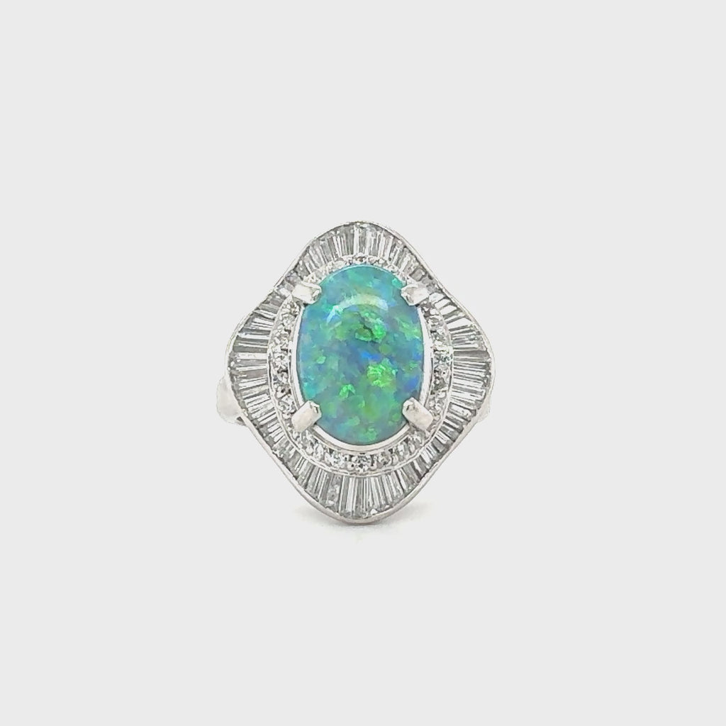 Mid-Century Platinum Black Opal and Diamond Ballerina Ring, 2.55 ct, Circa 1950s