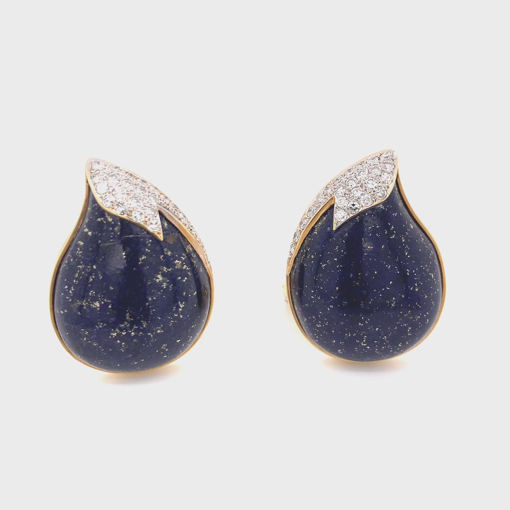 Lapis Lazuli & Diamond 18K Gold Teardrop Earrings, Circa 1970s