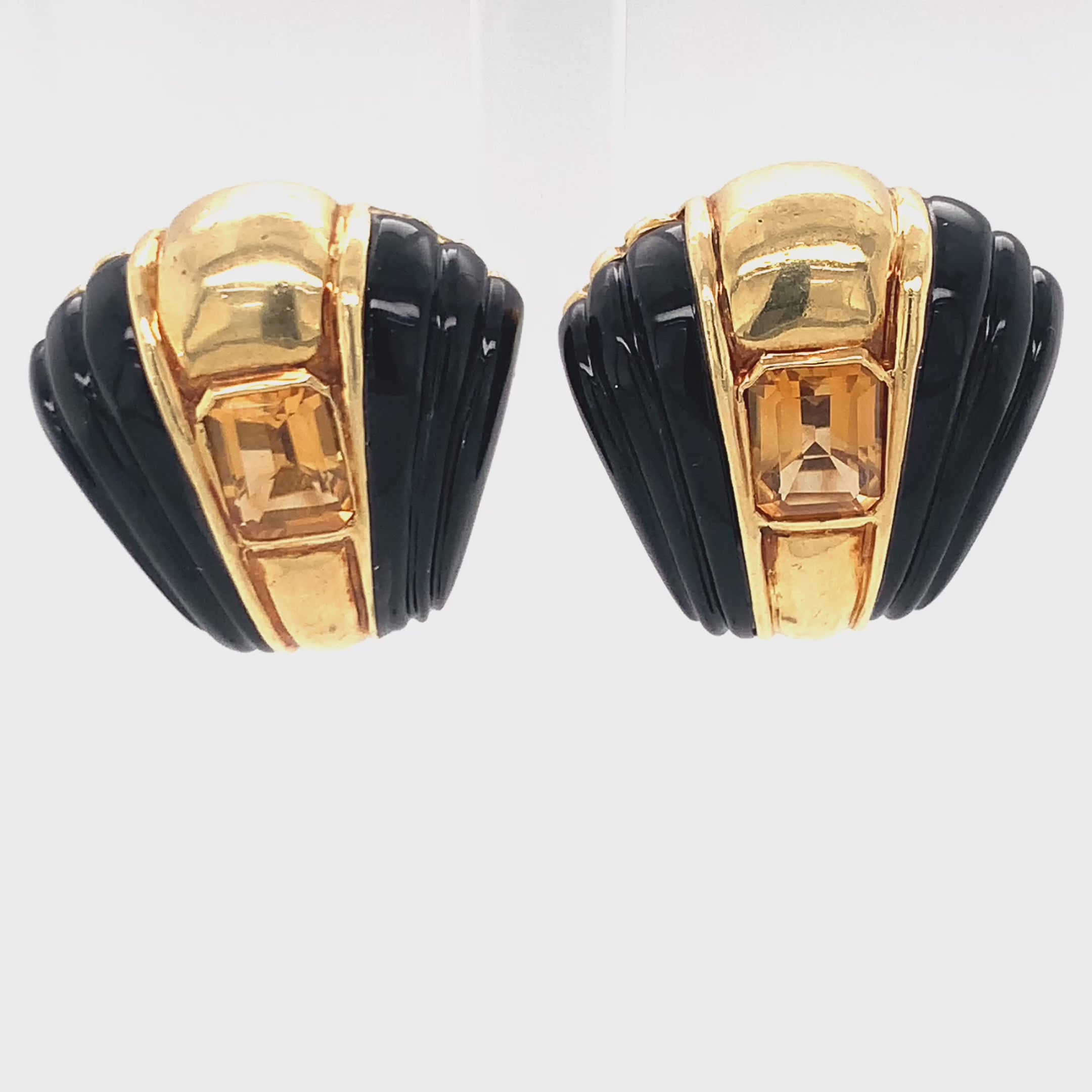 Citrine and Black Onyx 18K Yellow Gold Earclips, Circa 1970s