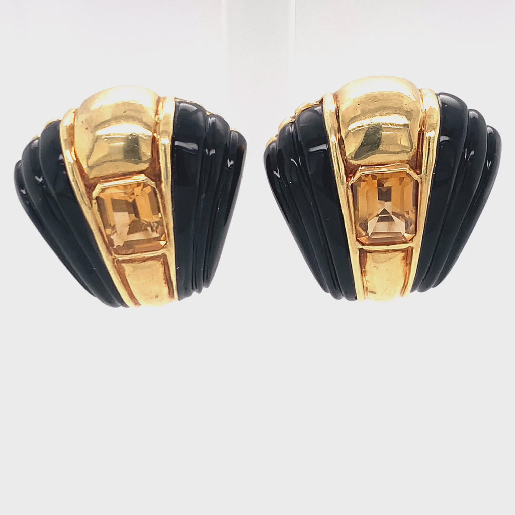 Citrine and Black Onyx 18K Yellow Gold Earclips, Circa 1970s