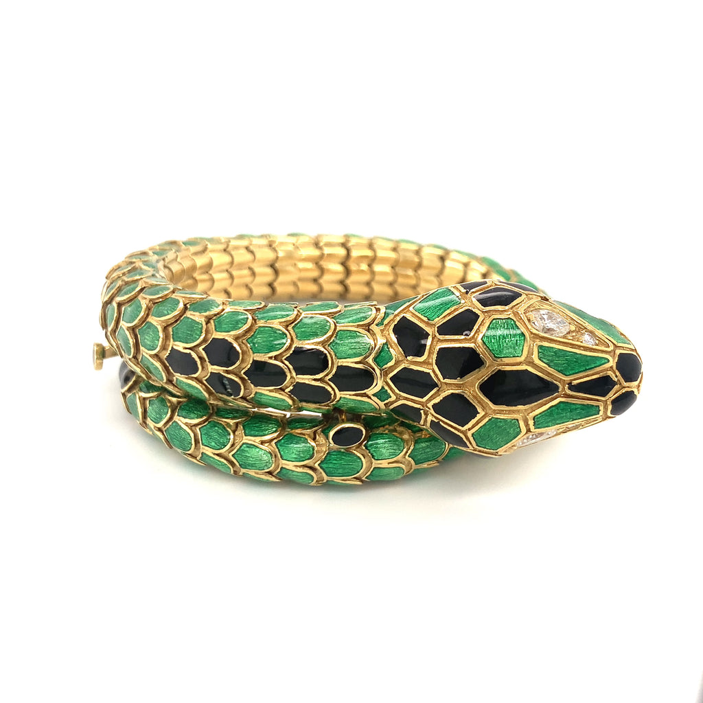 Snake Motif Enamel 18K Yellow Gold Coil Bracelet, circa 1960s