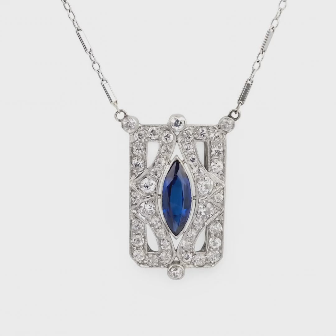 Art Deco Platinum Sapphire and 1.55ct Diamond Pendant Necklace, 1.80 ct Marquise Sapphire