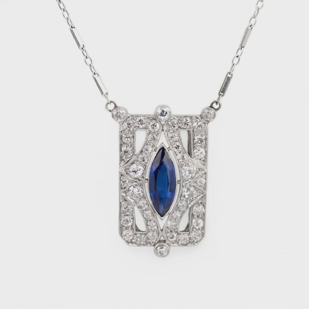 Art Deco Platinum Sapphire and 1.55ct Diamond Pendant Necklace, 1.80 ct Marquise Sapphire