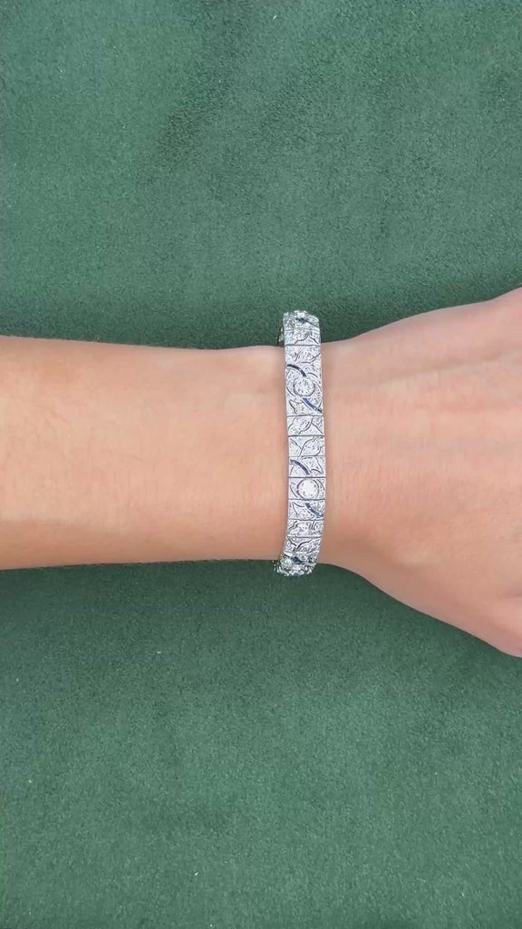 Art Deco Platinum Diamond & 2.0ct Sapphire Bracelet, 5ct Diamonds, 1930s