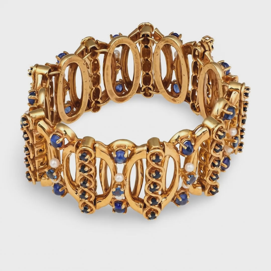 Retro 14K Rose Gold Sapphire & Pearl Bracelet, Circa 1940s