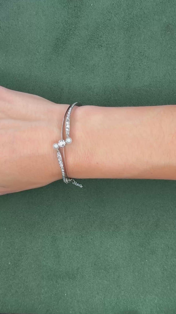Antique 14K White Gold 0.8ct Diamond and Pearl Bangle Bracelet, Early 20th Century