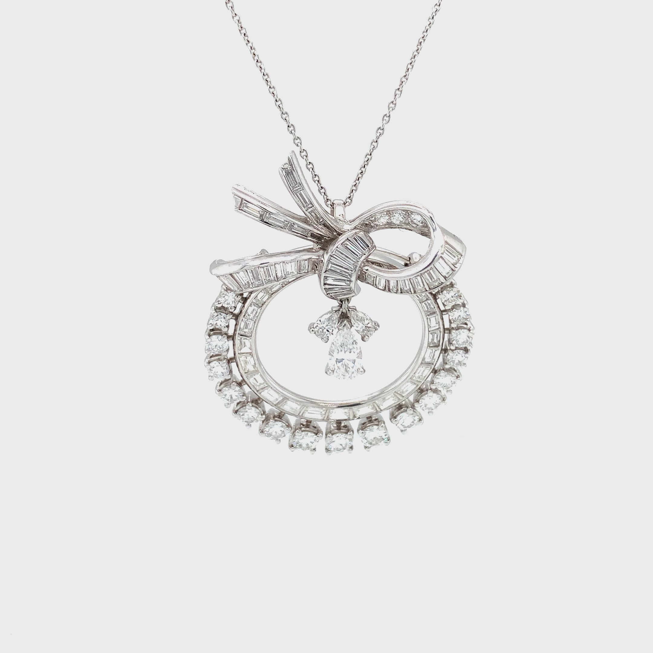 Mid-Century Diamond Wreath Pendant Brooch, Platinum, 5.75 ct, Circa 1950s