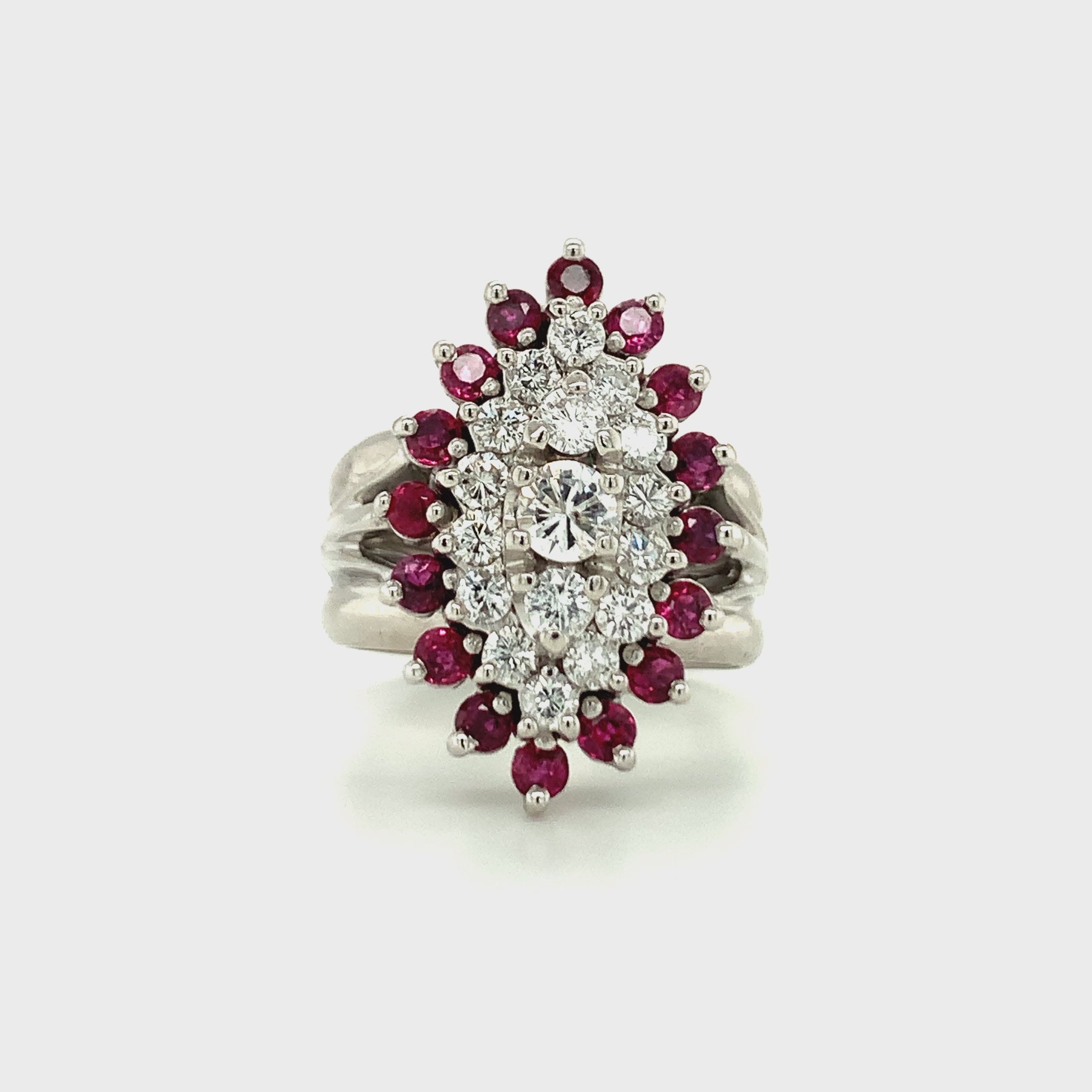 Diamond and Ruby Cluster Ring, 14K White Gold, Circa 1960s
