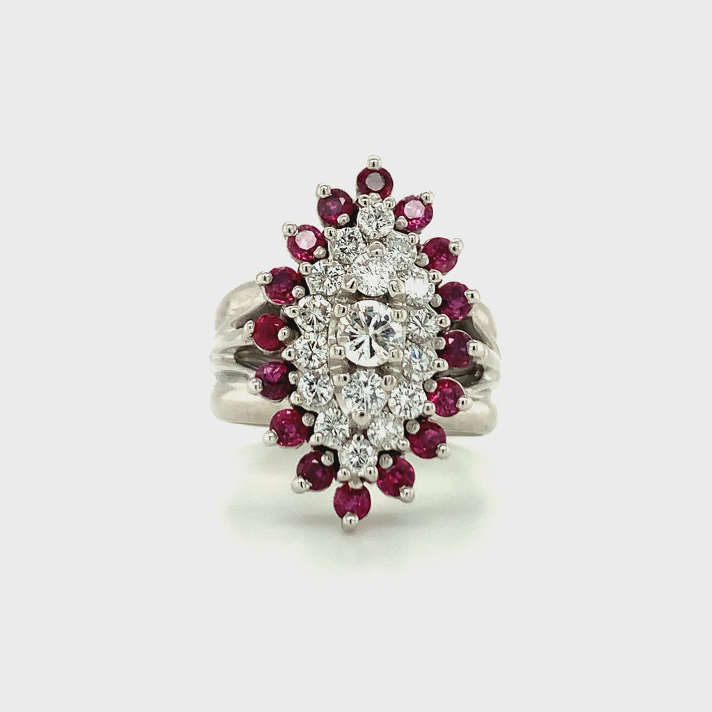 Diamond and Ruby Cluster Ring, 14K White Gold, Circa 1960s