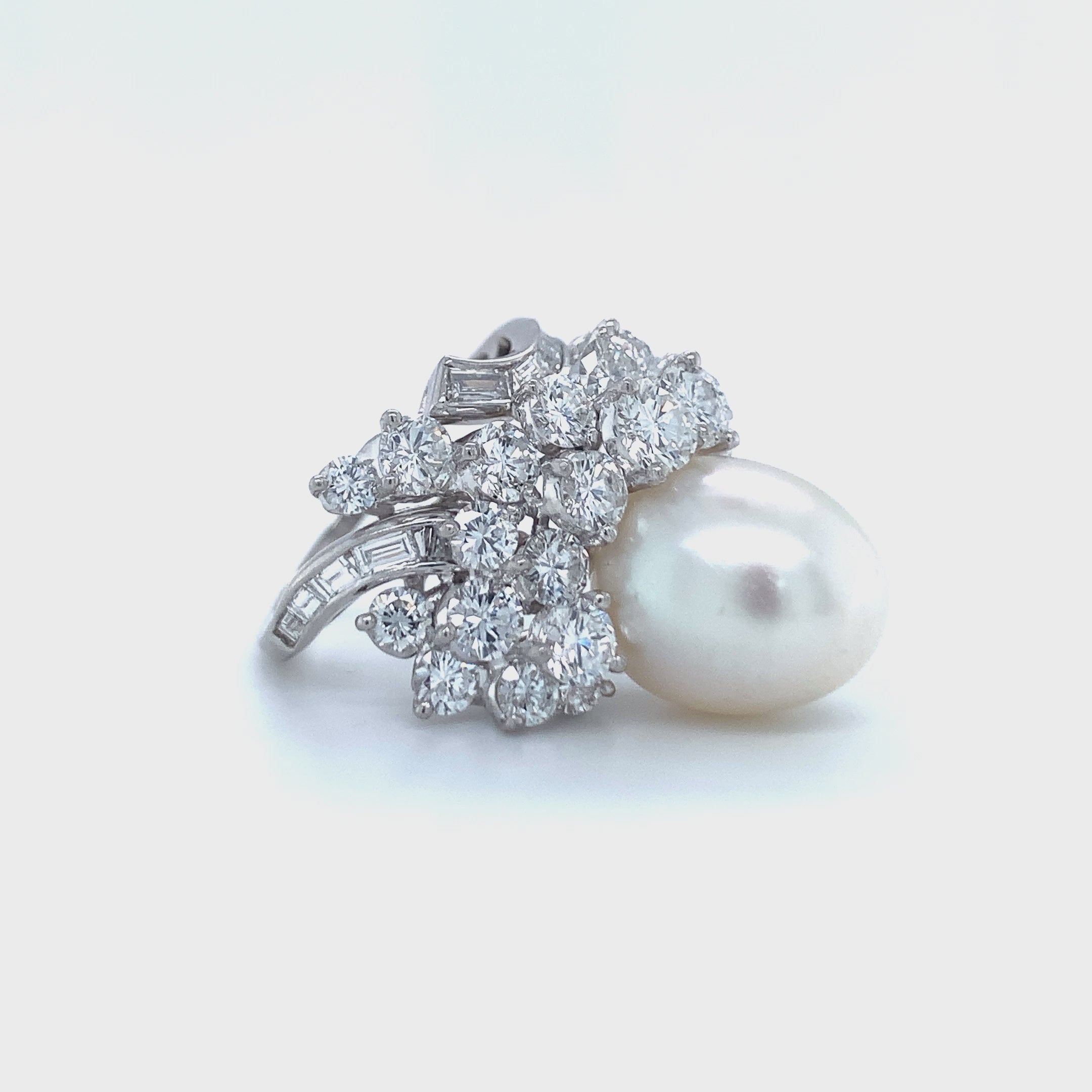 Mid-Century Platinum Diamond Cluster Ring with South Sea Pearl, 4.95ctw F-G VS1
