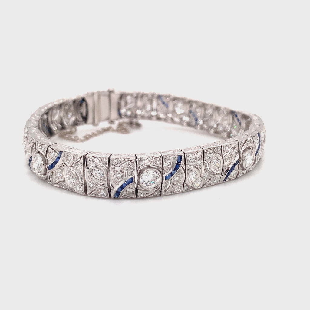 Art Deco Platinum Diamond & Sapphire Bracelet, 5ct Diamonds, 1930s