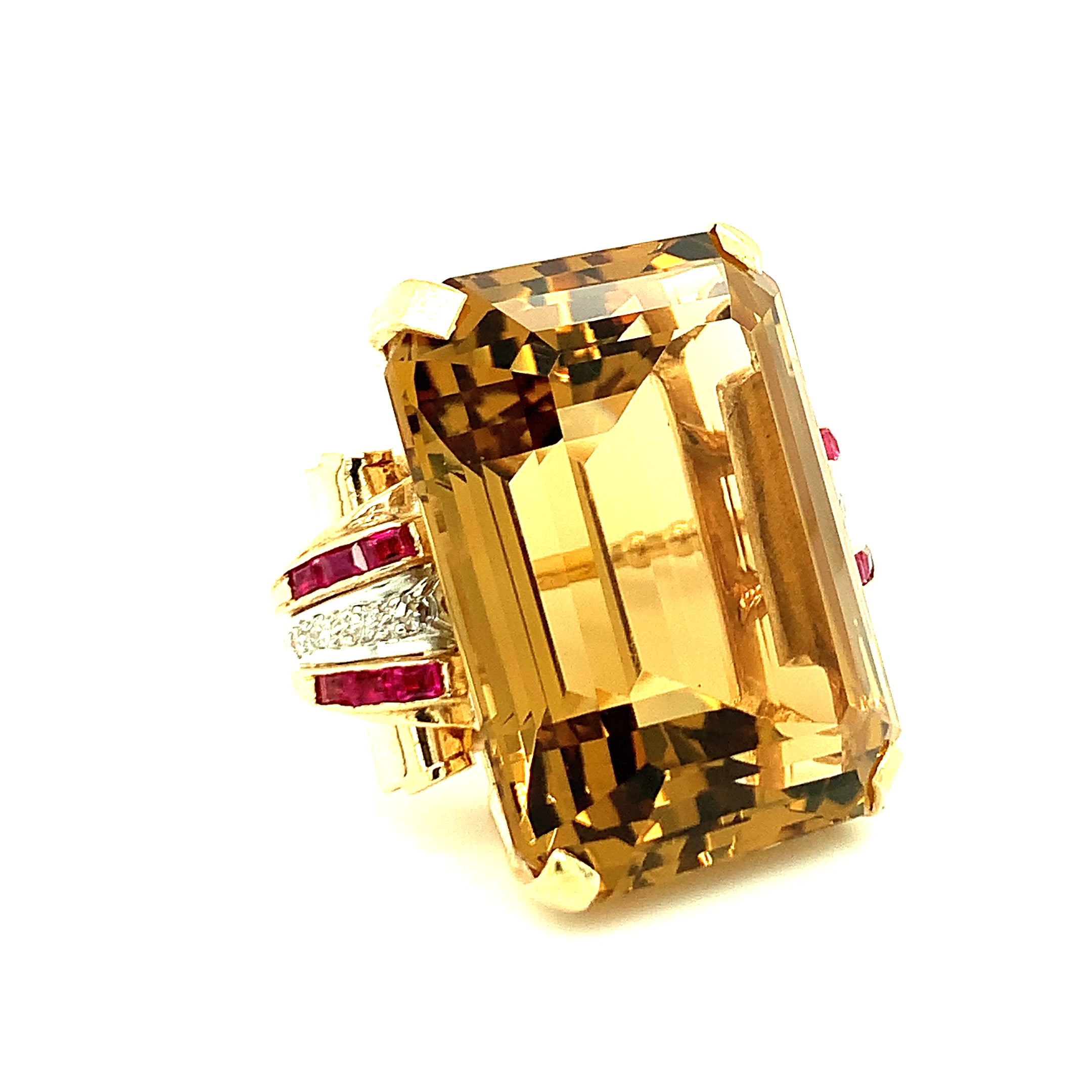 Retro Citrine Cocktail Ring with Ruby and Diamonds in 14K Gold, Circa 1940s