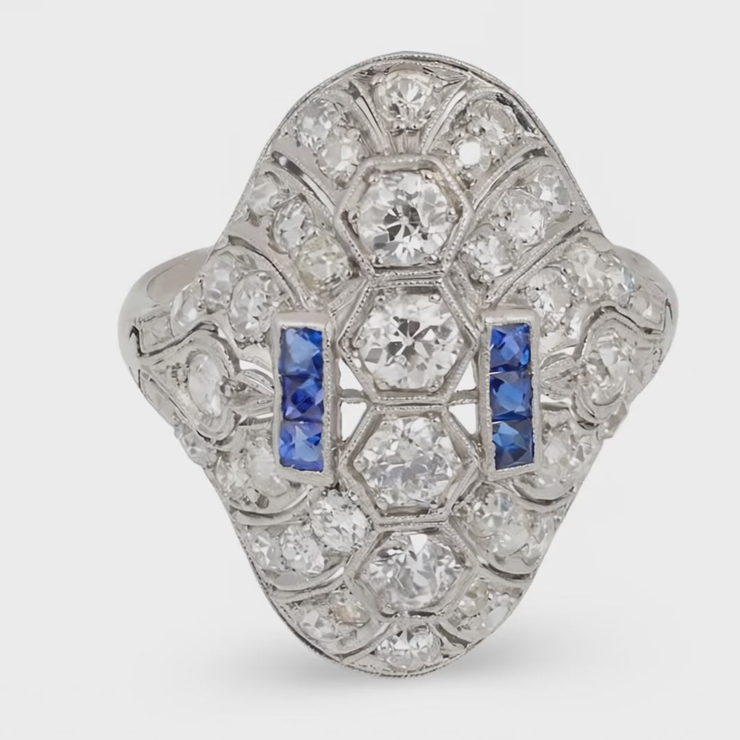 Art Deco Diamond and Sapphire Platinum Filigree Dome Ring, Circa 1920s