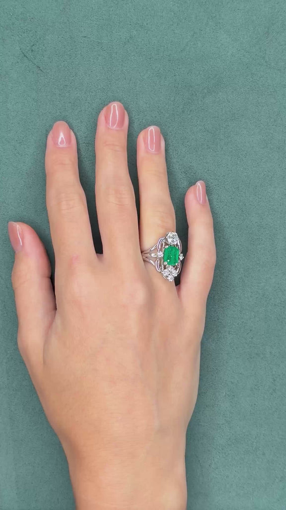 Russian-Origin 2.5ct Emerald and 1.0ct Diamond Ring in 14K White Gold, GIA, Circa 1950s