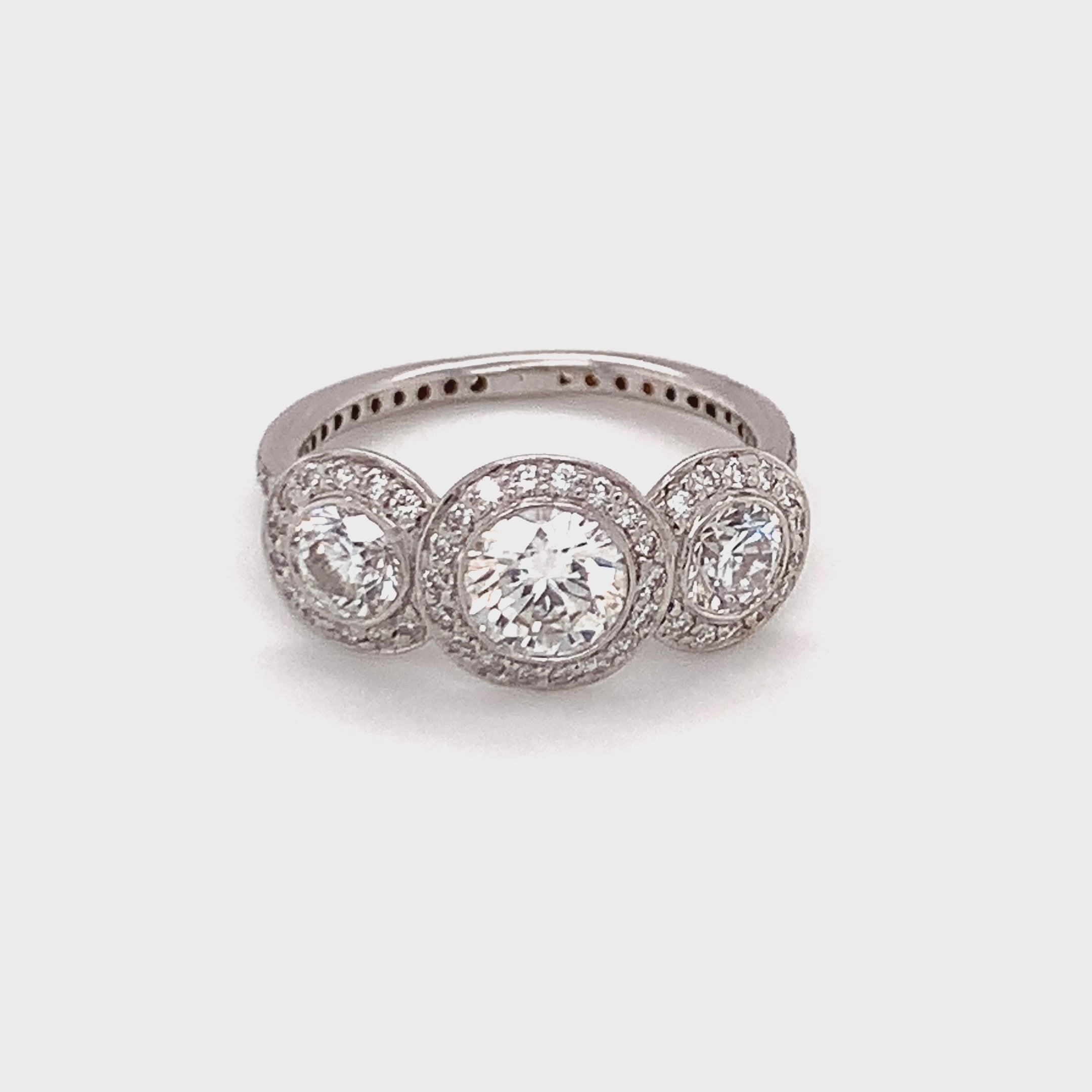 Three-Stone Diamond Halo Ring, 0.65 ct Center, 18K White Gold