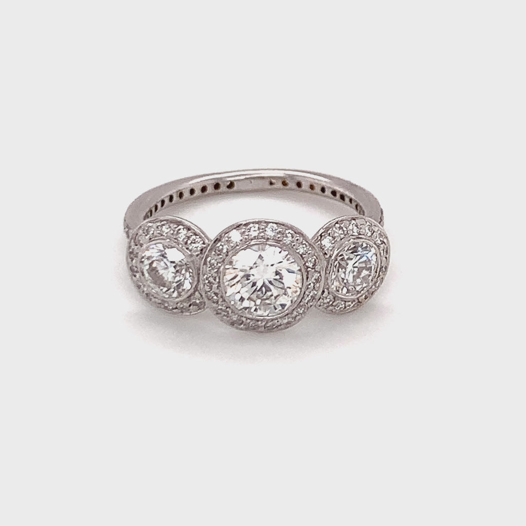 Three-Stone Diamond Halo Ring, 0.65 ct Center, 18K White Gold