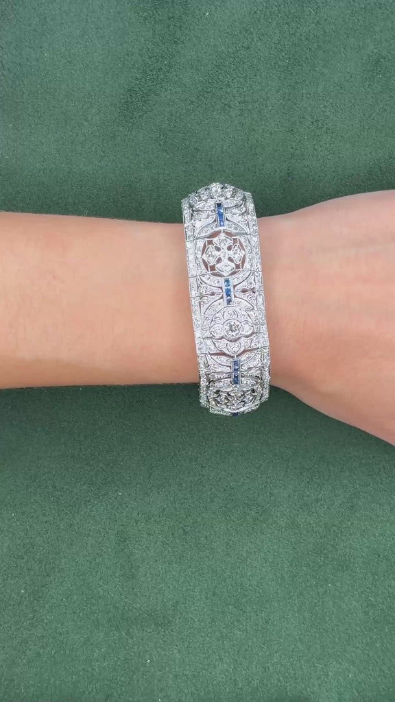 Art Deco Platinum Diamond & 1.28ct Sapphire Wide Strap Bracelet, 16.44ct