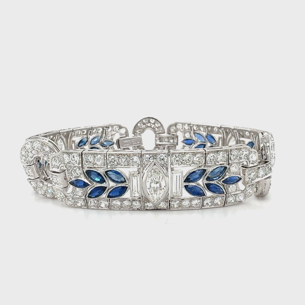 Art Deco Waslikoff & Sons Diamond and Sapphire Platinum Bracelet, Circa 1925
