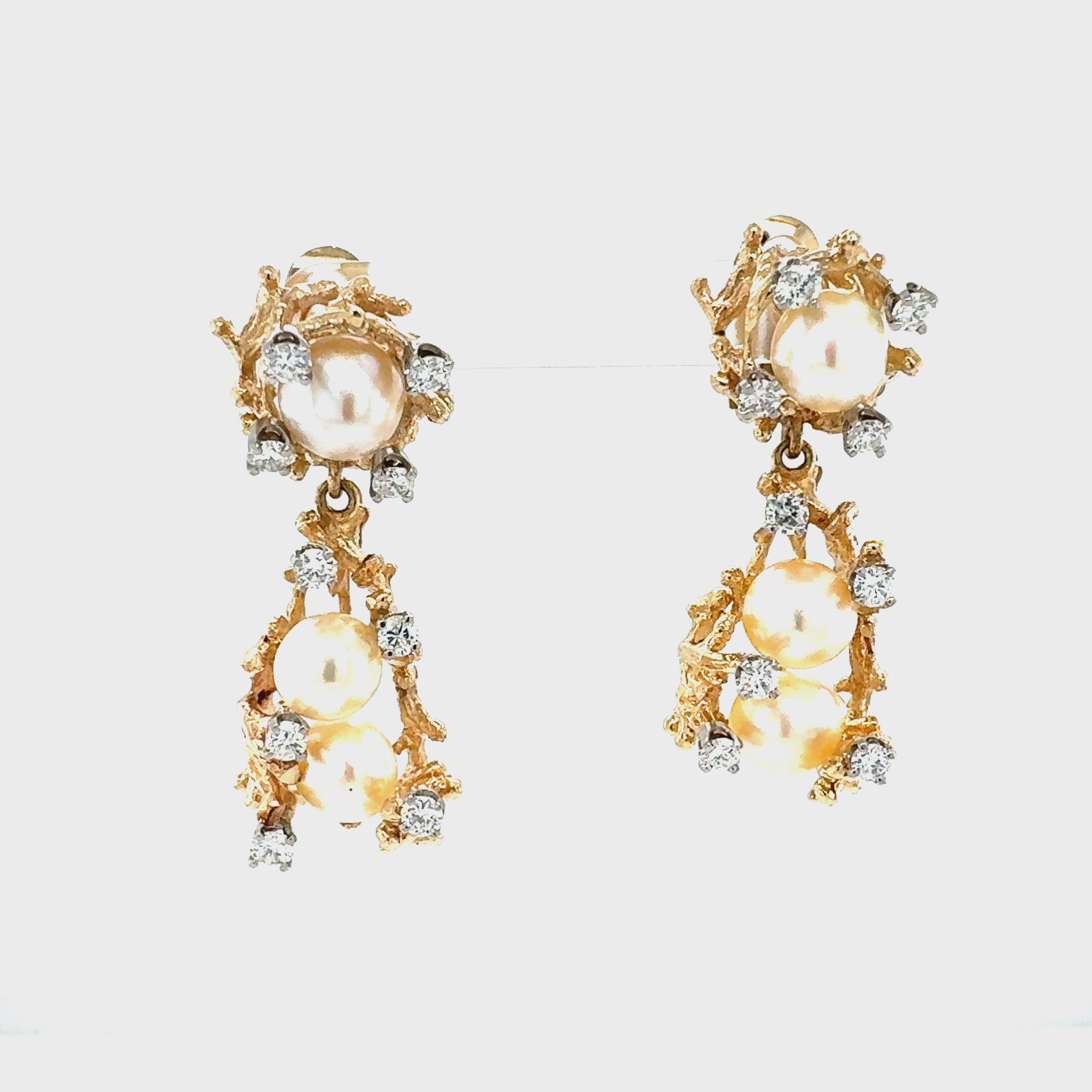 Video of the cultured pearl and diamond earrings in 14K Gold and Yellow Gold