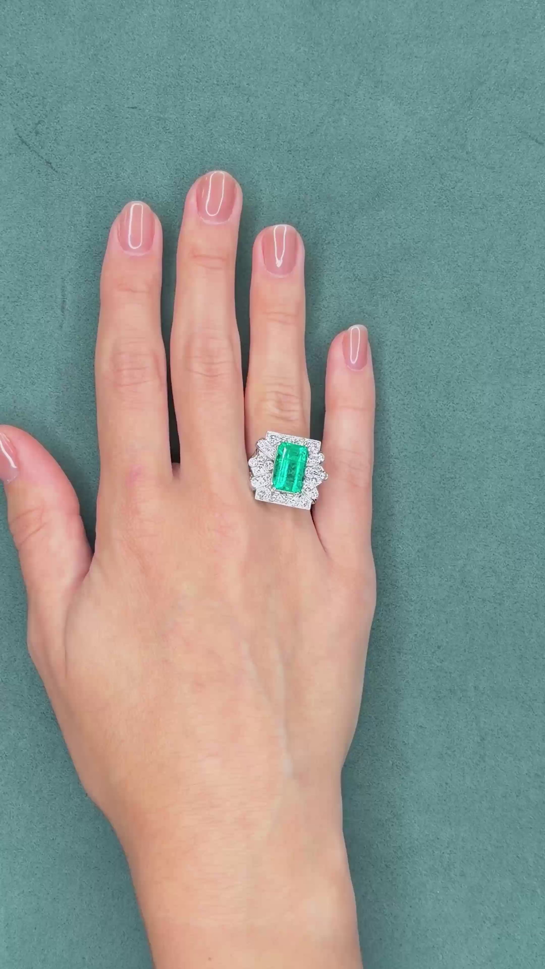 Art Deco Colombian Emerald & 1.2ct Diamond Platinum Ring, GIA 5.50ct