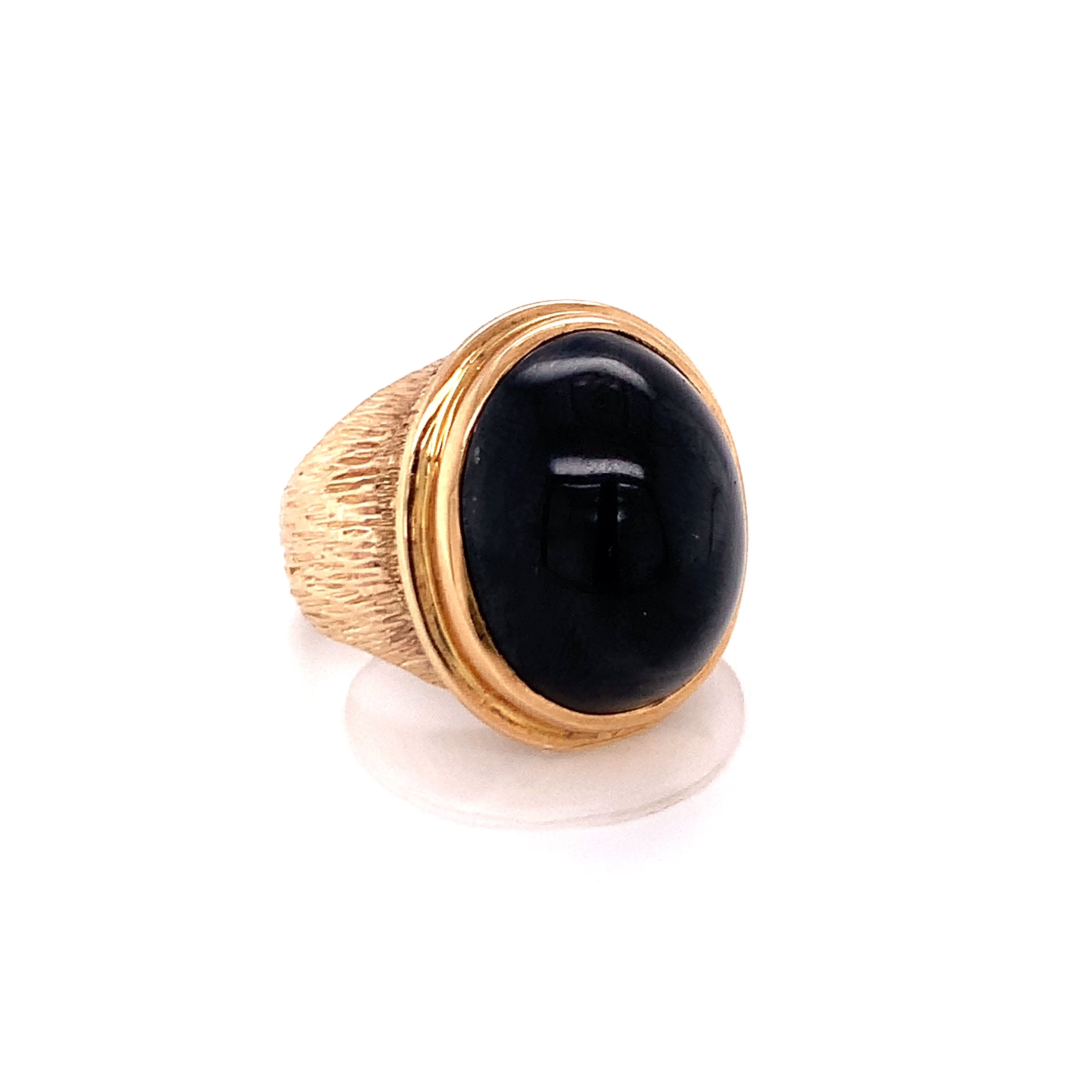 Vintage 1960s Bezel-Set Black Sapphire Ring, Hand-Textured 14K Gold, 30 Carats