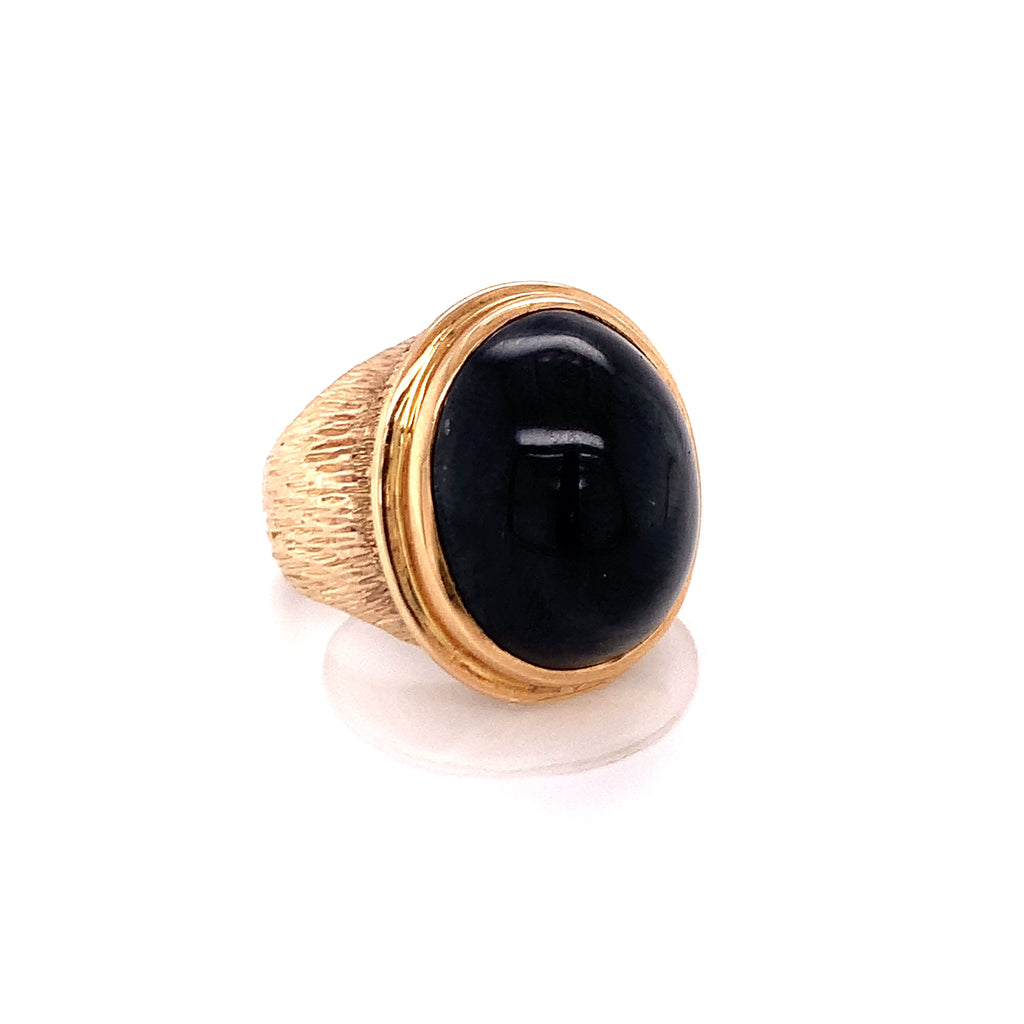 Vintage 1960s Bezel-Set Black Sapphire Ring, Hand-Textured 14K Gold, 30 Carats