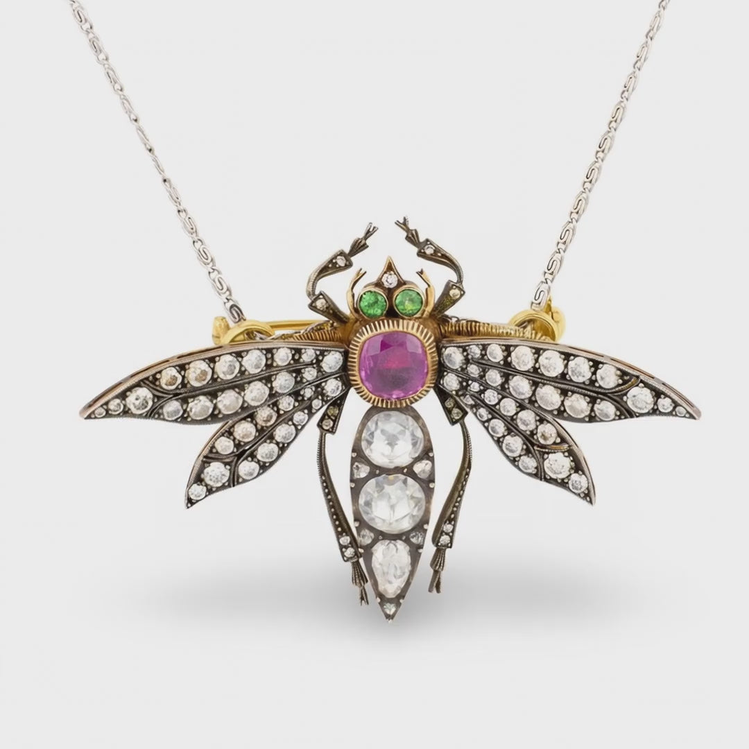 Victorian Gem-set Dragonfly Pendant/Brooch, Platinum and 18K Gold, Circa 1910