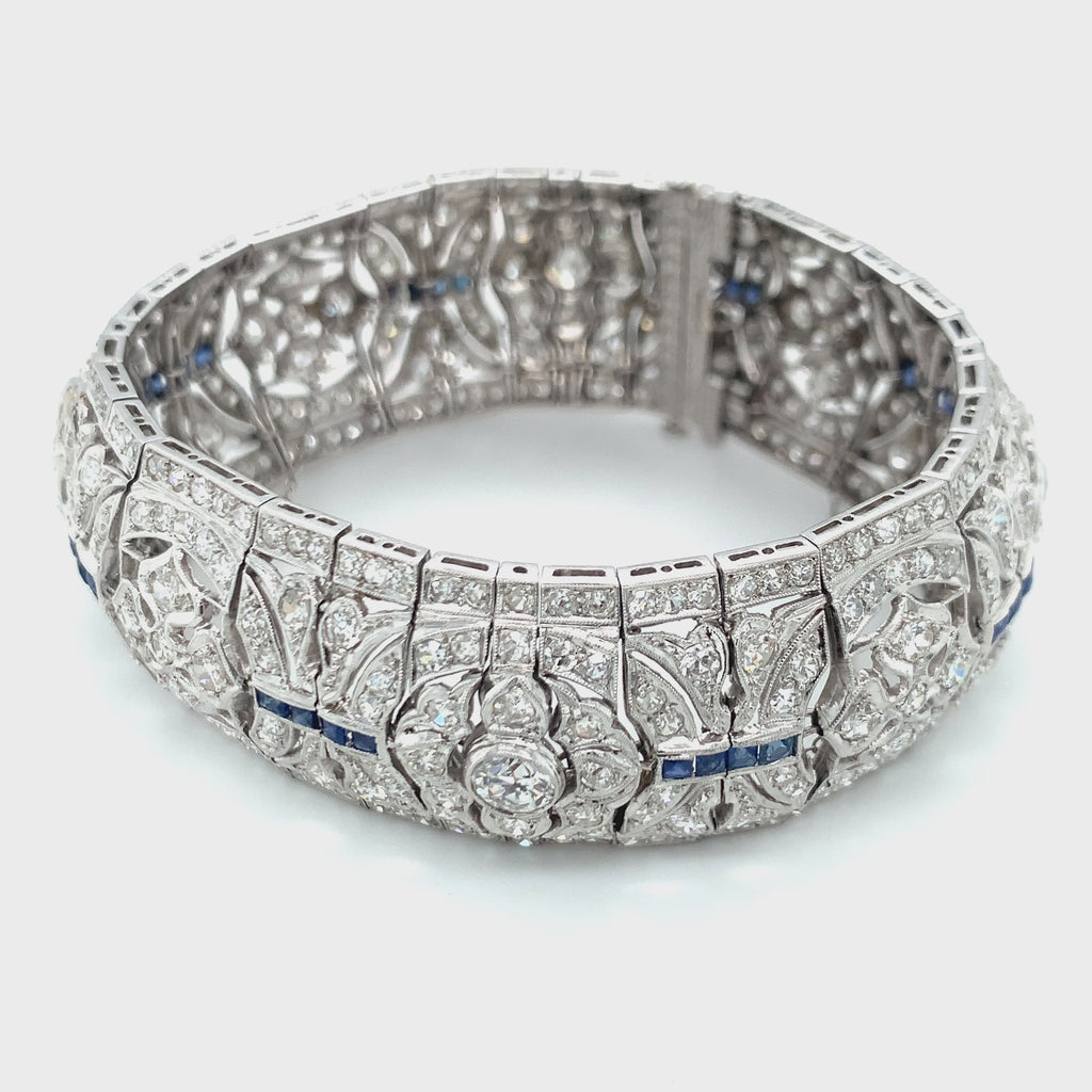 Art Deco Platinum Diamond & Sapphire Wide Strap Bracelet, 16.44ct