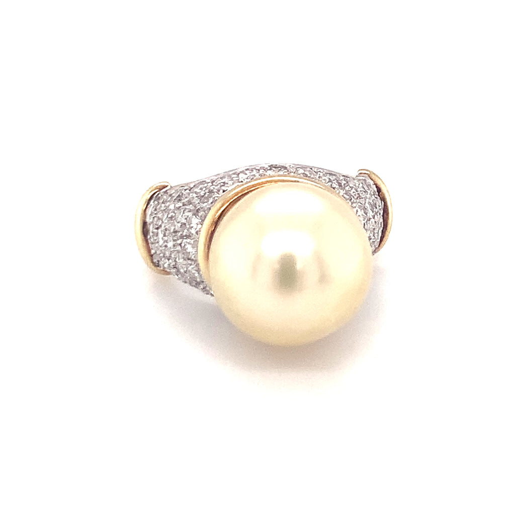 South Sea Golden Pearl and Diamond 18K Gold Ring, 13mm, Circa 1970s