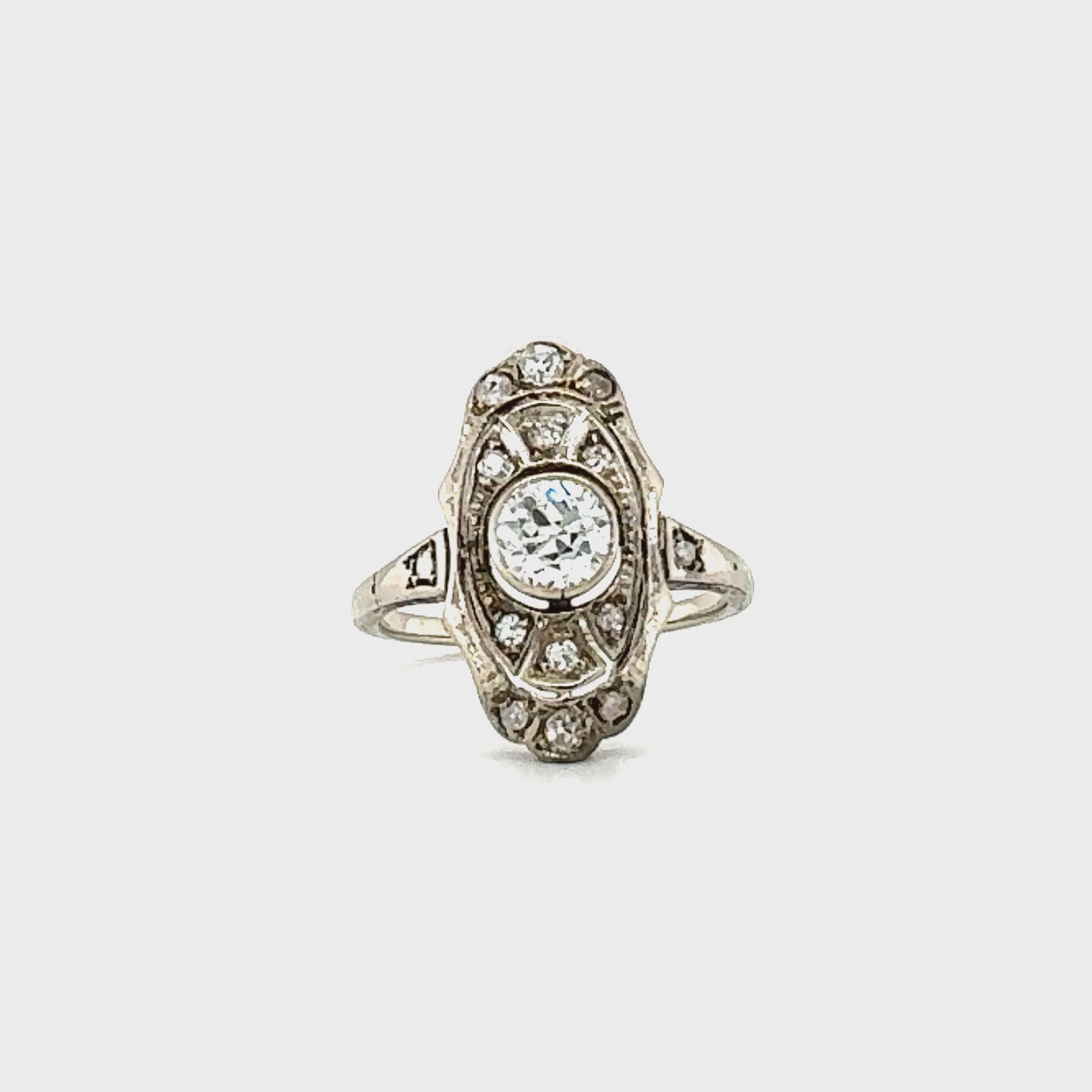 Edwardian 1910s Diamond Filigree Ring, 0.45ct Old Mine Cut, 14K White Gold
