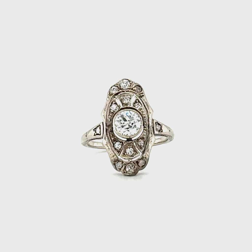 Edwardian 1910s Diamond Filigree Ring, 0.45ct Old Mine Cut, 14K White Gold