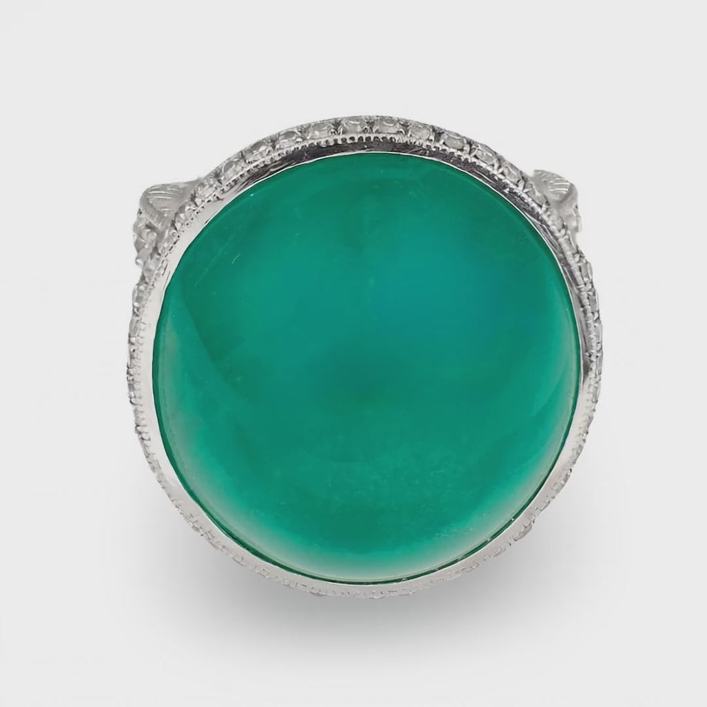 43 Carat Cabochon Emerald and Diamond Platinum Ring, Circa 1950s